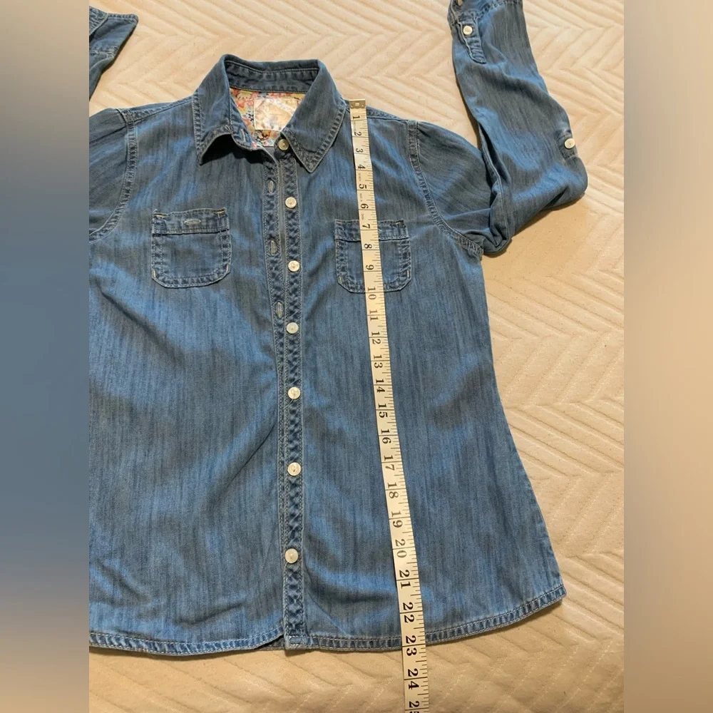 Justice Collared Long Sleeve Denim Button‎ Down with Floral Accent Size 16